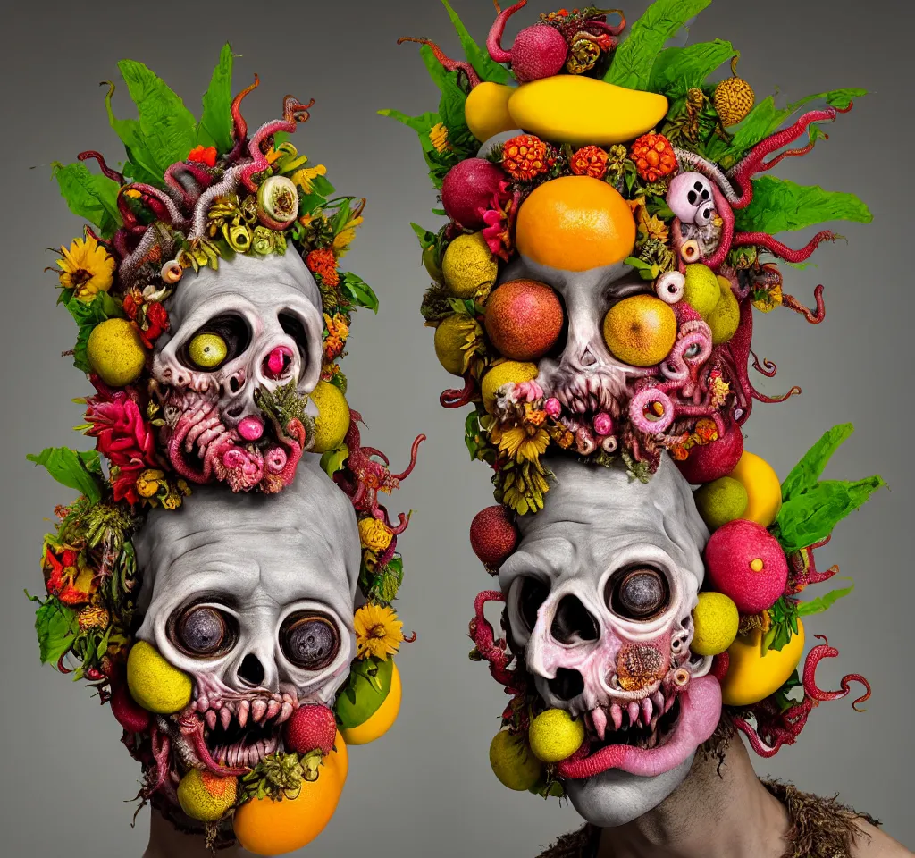 Prompt: headshot of a trickster nature zombie, head made of fruit and flowers in the style of arcimboldo, made by matthew ritchie, covered with tentacles and amoebas, oil painting, ethereal, atmospheric lighting, action figure, clay sculpture, claymation, gray pink and yellow, botanical rainbow backdrop