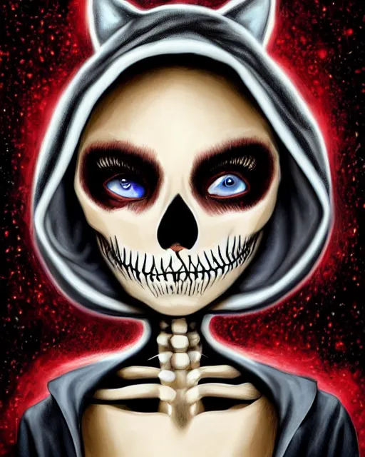 Prompt: a surrealistic head and shoulder painting of a gorgeous female skeleton with cat eyeballs and lipstick and hoodie, in the style of will eisner, digital art, detailed masterpiece