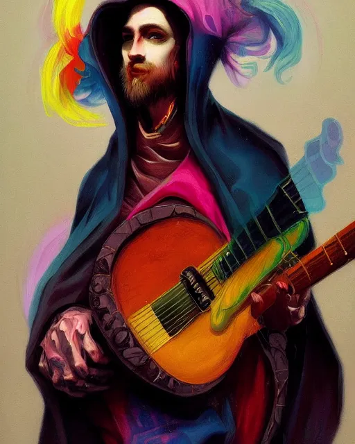 Prompt: colorful baroque portrait of a shadowy man wearing a hooded cloak, playing a guitar, gallery art by peter mohrbacher, artstation, artgate