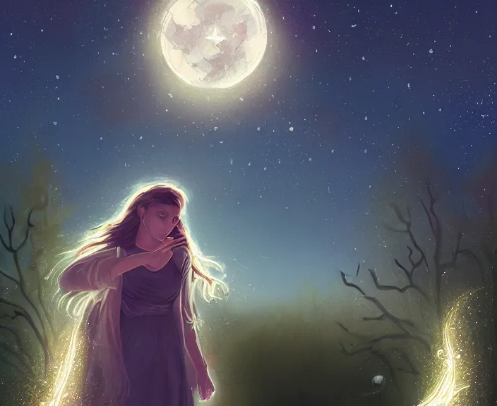 Image similar to an illustration of a mystical spiritual scene with a young woman in it, with starry dusted light and a moon, high contrast, highly detailed, sharp focus, digital painting, illustration, trending on artstation,