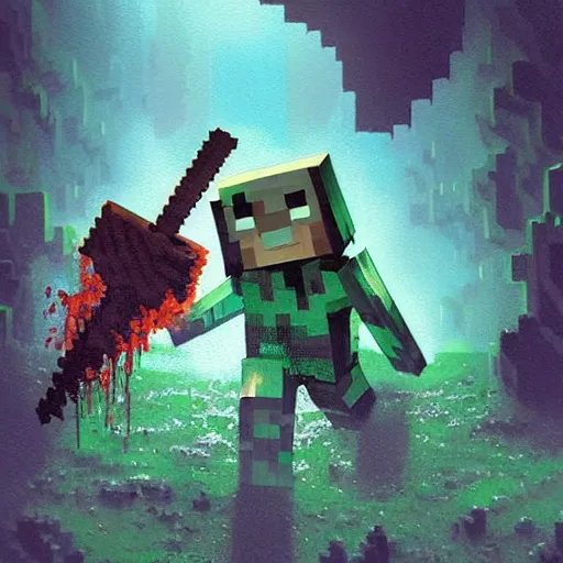 Image similar to painting by greg rutkowski of a minecraft drowned zombie with glowing cyan eyes, wearing ragged clothing and and algae growing on it, holding a trident, underwater