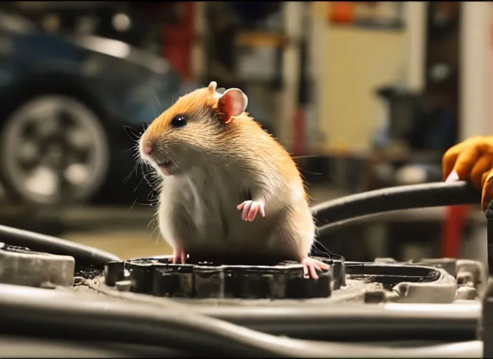 Image similar to film still of a hamster working as a mechanic in an auto shop, 8 k