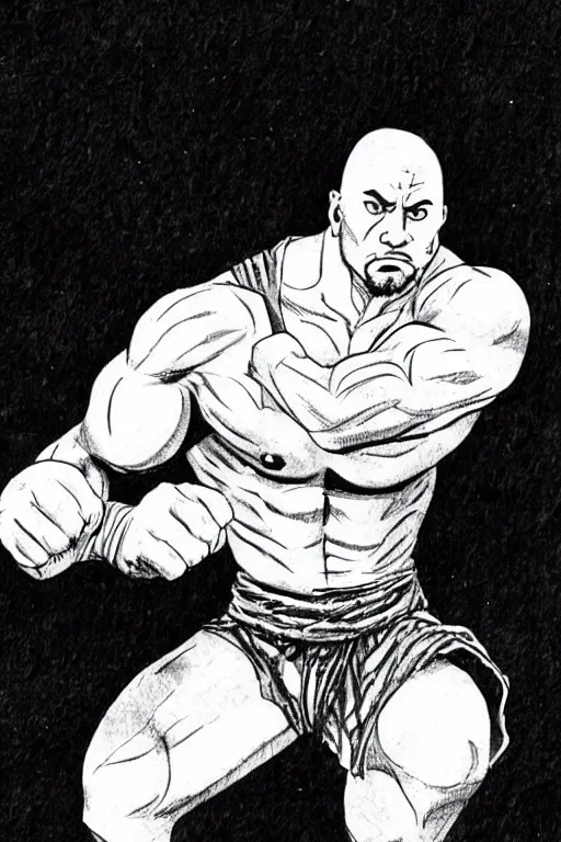 Prompt: a Manga ink drawing of Dwayne Johnson as a kung fu fighter in the style of Katsuhiro Ottomo.