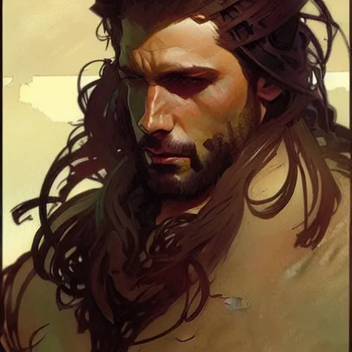 Image similar to portrait of depressed gigachad, male, muscular, handsome D&D, concept art, art by Greg Rutkowski and Alphonse Mucha
