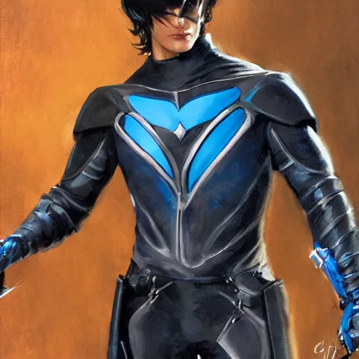 Image similar to close up of nightwing in full leather armor, cinematographic shot, by daniel f. gerhartz