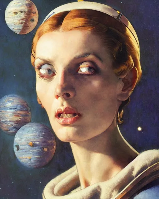 Image similar to head portrait of elegant space woman wearing monocle by norman rockwell, roberto ferri, daniel gerhartz, edd cartier, jack kirby, howard v brown, ruan jia, tom lovell, frank r paul, dean cornwell, astounding stories, amazing, fantasy, other worlds