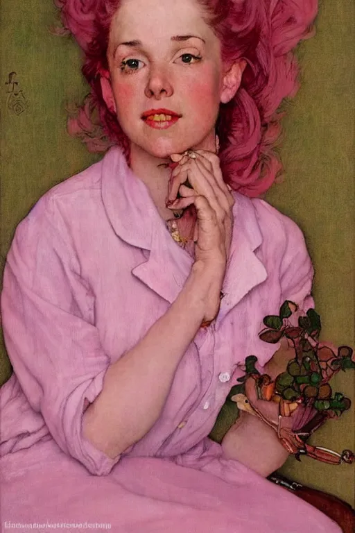 Image similar to a portrait of a woman!! by norman rockwell!!! pink hair! pronouns pin!!! pretty face! lamp light, plants background!