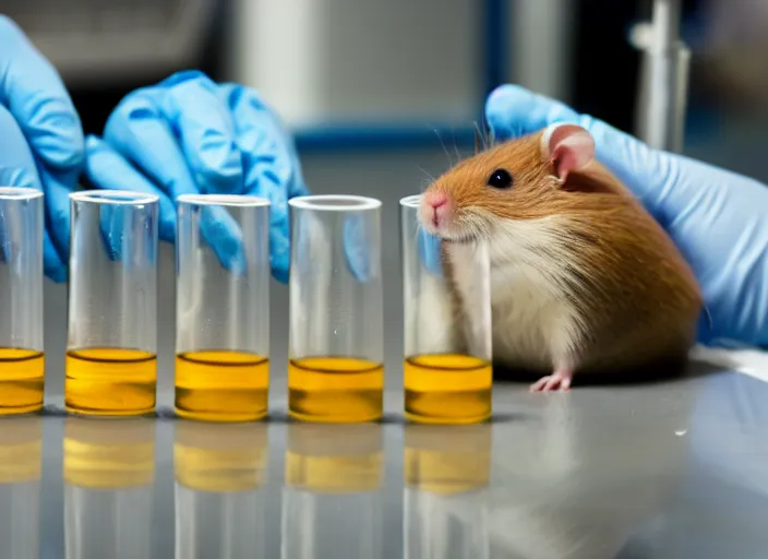 Image similar to film still of a hamster working in a research lab filling test tubes, 8 k