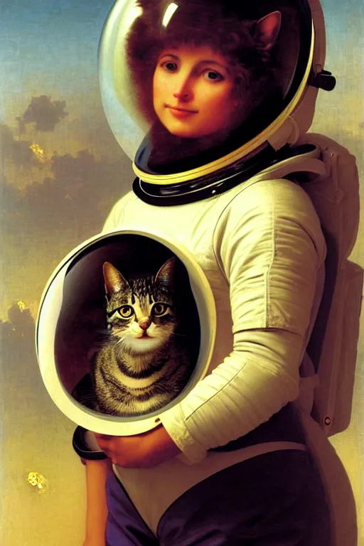 Prompt: portrait of a cat astronaut with spacesuit and helmet, majestic, solemn, by bouguereau