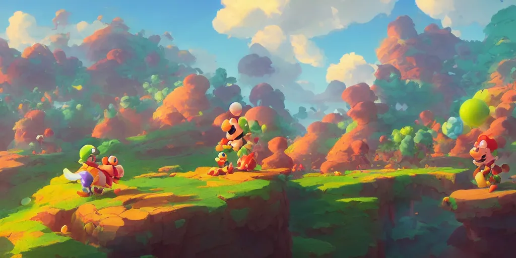 Image similar to dynamics matte painting acrylic blur oil marioworld wonderland yoshi kurbi dofus, behance hd by jesper ejsing, by rhads, makoto shinkai and lois van baarle, ilya kuvshinov, rossdraws global illumination