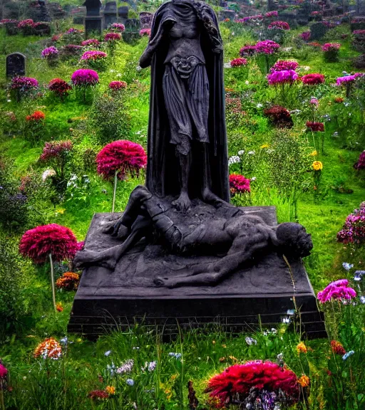 Prompt: mystical black death god statue in graveyard surrounded tall meadow of flowers, dslr photo, grainy, high detail, high resolution