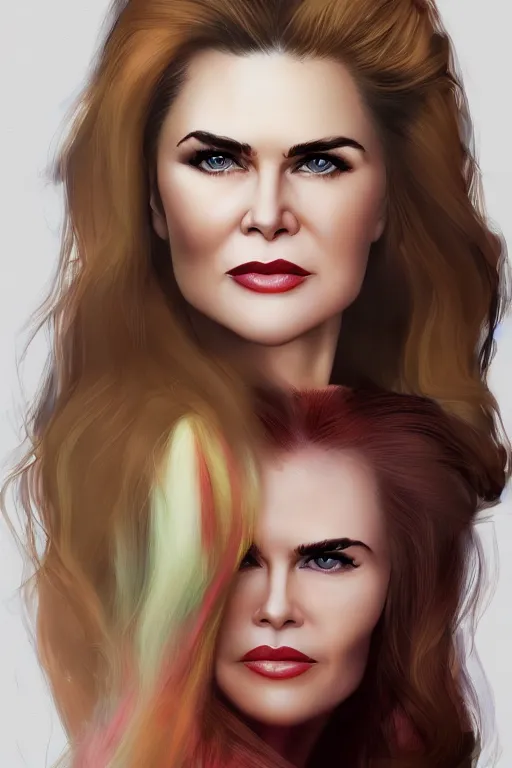 Image similar to mix of beautiful young maria shriver, mariel hemmingway, brooke shields, nicole kidman and elle macpherson as a boa constrictor, thin lips, hair tied up in a pony tail, dark blonde hair, colorful, artstation, cgsociety