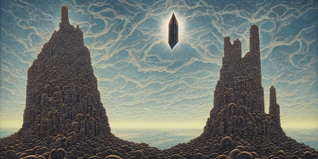Image similar to rise forth, i summon thee, build me a castle in the sky commanded avantir the wizard. by jeffrey smith, oil on canvas