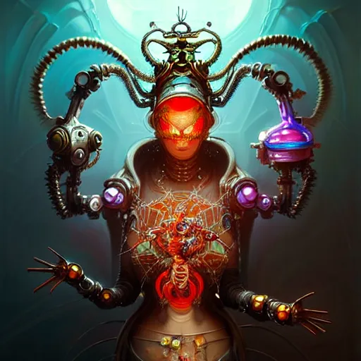 Image similar to biomechanical spider king, cyberpunk, bionics, augments, lights, cables, elegant gleaming intricate baroque jewellery, colorful, vivid, imposing, epic, digital painting, artstation, concept art, by peter mohrbacher and wlop and rhads,