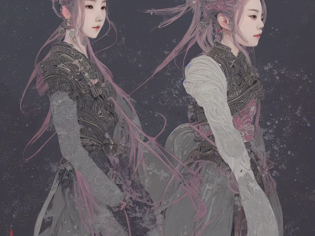 Image similar to portrait jisoo blackpink, grey hair armored samurai clothes, in snowy japanese temple night, ssci - fi and fantasy, intricate and very very beautiful and elegant, digital painting, artstation, concept art, smooth and sharp focus, illustration, art by tian zi and wlop and alphonse mucha