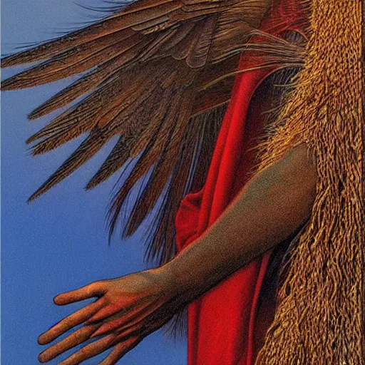 Image similar to a bird with hands, hyperrealism, no blur, 4 k resolution, ultra detailed, style of carlos schwabe