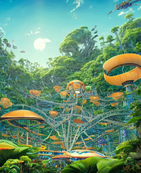 Image similar to simplicity, elegance, an amusement park made out of predatory organic creatures, in the style of a streamlined asymmetrical spaceship, overgrown with orchids, partly cloudy, sun - drenched, by dan mumford, yusuke murata, makoto shinkai, ross tran, cinematic, unreal engine, cel shaded, featured on artstation, pixiv