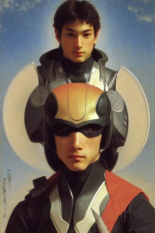 Image similar to portrait of a kamen rider, majestic, solemn, by bouguereau