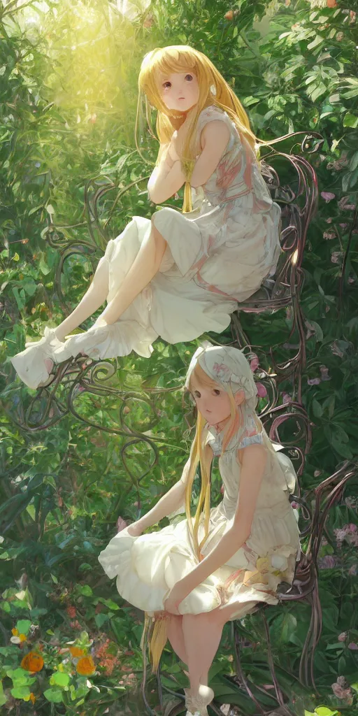 Image similar to a digital art of a loli with long hair in a dress sitting on a metal garden chair in the privet garden at afternoon, green and warm theme, back lighting, by krenz cushart and mucha and greg rutkowski and makoto shinkai, extremely long shot, detailed eyes, 4 k resolution, trending on art station