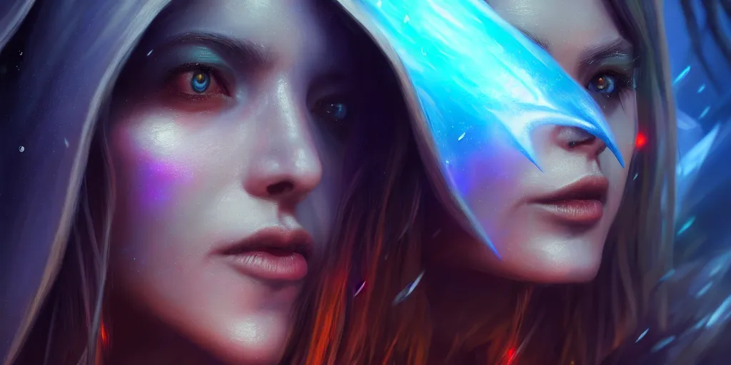 Image similar to ( ( ( ( ( hyperrealist distant portrait of sylvanas windrunner on a blue planet where it rains colors. ) ) ) ) ) by bayard wu, fantasy, photorealistic, octane render, unreal engine, dynamic lighting, trending on artstation, poster, volumetric lighting, very detailed faces, 4 k, award winning