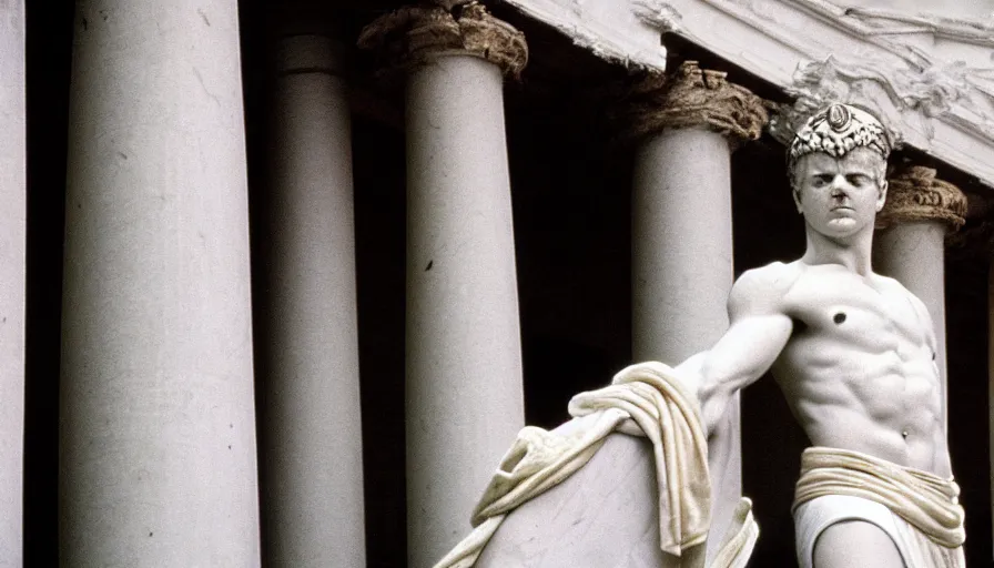 Prompt: 1 9 6 0 s movie still close - up of caligula in white toga heavy bleeding on marble stairs, cinestill 8 0 0 t 3 5 mm, high quality, heavy grain, high detail, dramatic light, anamorphic, detailed beard