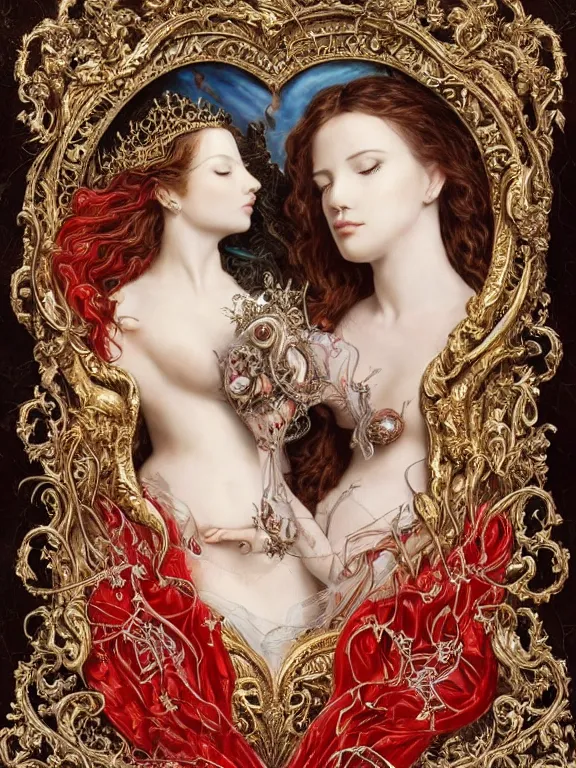 Image similar to a beautiful portrait render of two red veiled queen with baroque symmetry intricate detailed ,heart,pray,love,crystal-embellished,by Daveed Benito,LEdmund Leighton,Virginie Ropars,peter gric,aaron horkey,Billelis,trending on pinterest,hyperreal,gold,silver,ivory,maximalist,glittering,golden ratio,cinematic lighting