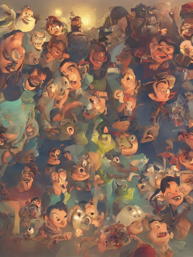 Prompt: happy faces filling the screen, by disney concept artists, blunt borders, rule of thirds, beautiful light