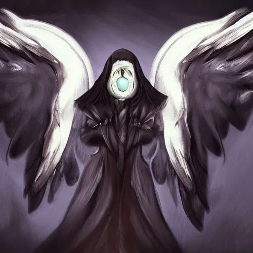 Image similar to angel with black wings, one - eyed face, gigantic, concept art