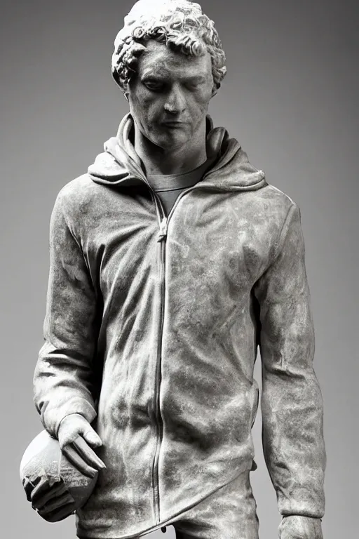 Image similar to marble sculpture of man in Adidas winter jacket, sportswear holding a marble bottle, intricate sculpture, chiseled muscles, godlike, museum photo