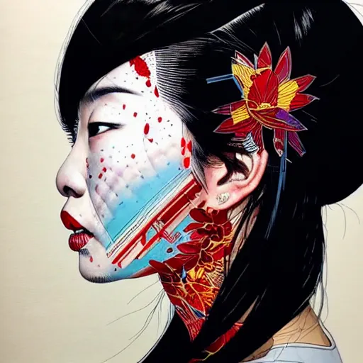 Image similar to a portrait of a chinese woman with side profile blood in ocean intricate details by MARVEL comics and Sandra Chevrier-C