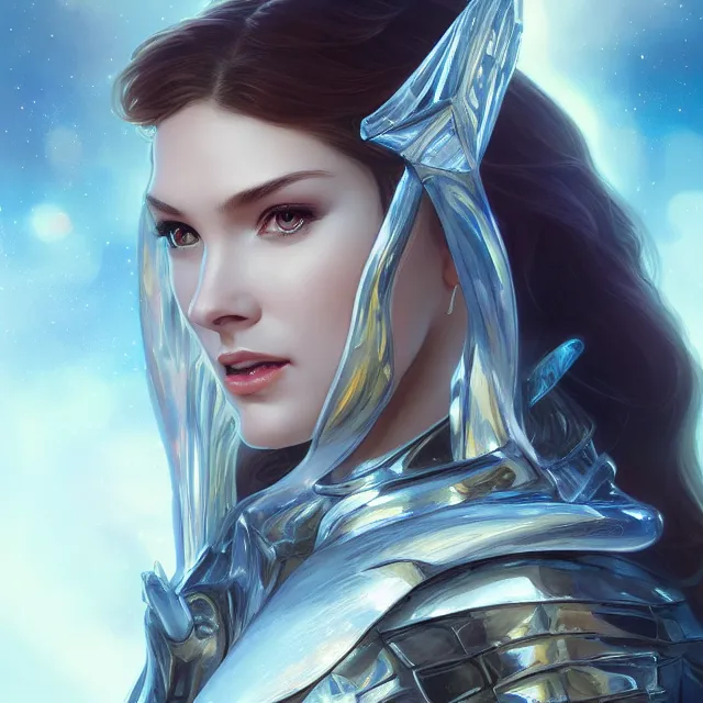 Image similar to close up portrait of a beautiful fantasy female ice warrior wearing shiny crystal armor, subsurface scattering, ethereal, artistic, ice palace background with light rays, fantasy atmosphere. art by artgerm, greg rutkowski and alphonse mucha, 3 d artstation octane render,