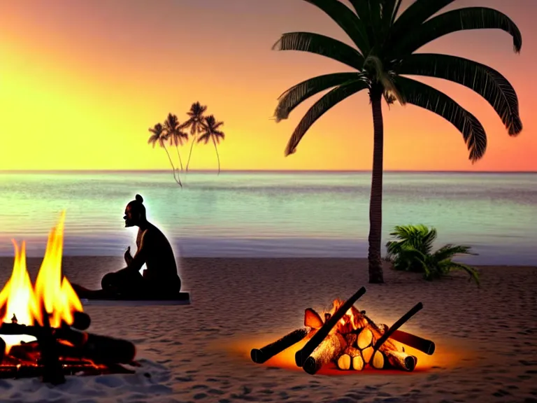 Prompt: gandhi sitting on a beach next to a campfire with palm trees in the back, holding a cigar, sunset, surrounded by different animals, parrots, turtle, lizard, crab, coconuts,, glorious lighting, epic environment, highly detailed, digital art, hyper realistic, beautiful, 8 k