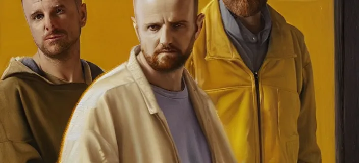 Image similar to an ultra detailed beautiful oil painting of jesse pinkman and heisenberg from breaking bad, both with a yellow lab coat, the school of athens by raphael