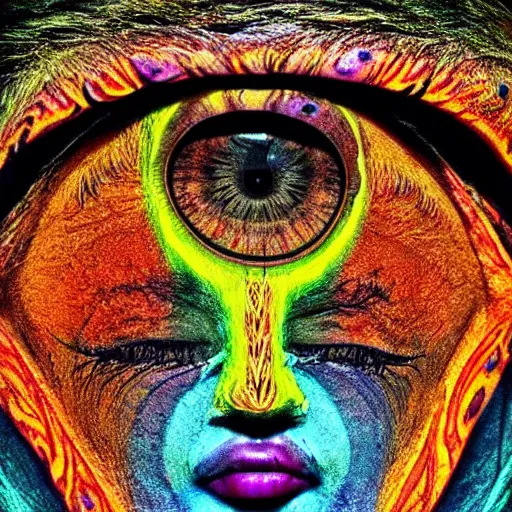 Image similar to three eyed gods, third eye middle of forehead, wide wide shot, very hairy bodies, vivid colors, eye in forehead, beautiful lighting, detailed photograph