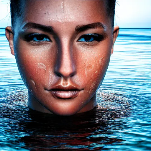 Image similar to water artwork manipulation in the shape of a human head, on the ocean water, ray tracing, realistic water sharp focus, long shot, 8 k resolution, cinematic, surreal water art