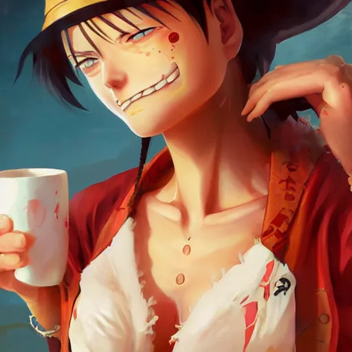 Prompt: mugiwara no luffy drinking cofee, digital art, pretty face, very beautiful face, very detailed eyes, 8 k resolution, by wlop, greg rutkowski, full body