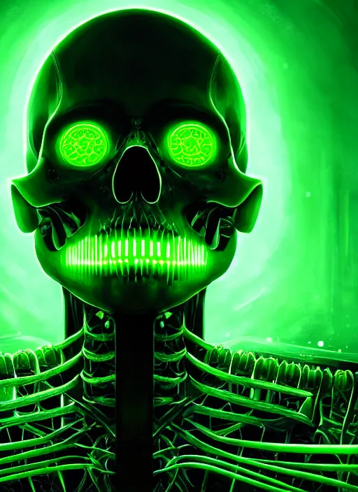 Prompt: extreme close up, portrait of a cyber skeleton, green glowing runes, exuding green energy runes, intricate, elegant, eerie lights, grim dark, ancient, gloomy, atmospheric, highly detailed, digital painting, artstation, concept art, smooth, sharp focus, illustration, art by wlop, mars ravelo and greg rutkowski