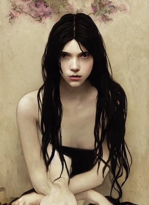 Image similar to a lonely young girl eveline from resident evil 7 with straight long black hair wearing black dress that sitting on bathroom floor, photo for vogue, model エリサヘス s from acquamodels, art by artgem, greg rutkowski and alphonse mucha