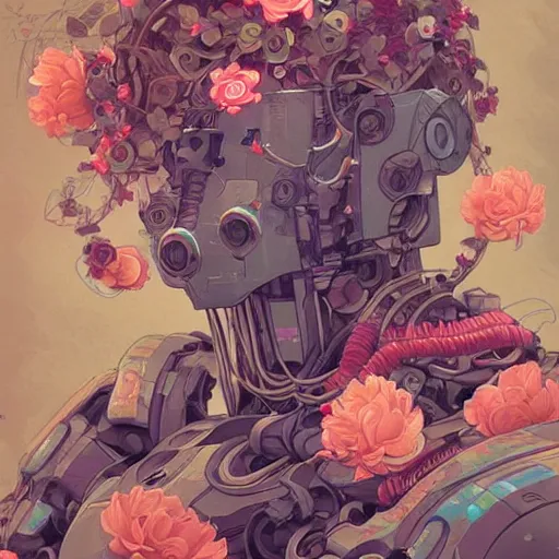 Prompt: mecha robot wrapped in flowers & vines, art by james jean & hsiao - ron cheng, colourful, sharp, detailed, digital painting, illustration, intricate detail, pinterest, behance, art station,