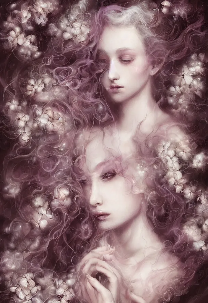 Prompt: beautiful, haunting young woman made out of smoke and clouds, ghost, apparition, in renaissance times, detailed gorgeous face, flowing hair, vaporwave aesthetic, synthwave long luxurious gown made out of pearls, hair done up with flowers and ribbons, digital art, butterflies, birds, digital painting, artstation, concept art, smooth, sharp focus, illustration, art by artgerm and greg rutkowski and alphonse mucha