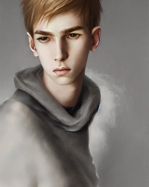 Image similar to portrait of 1 5 - year - old boy, a tall, slender boy with a pale, pointed face, white - blond hair, ice grey eyes, a pale complexion with sharp and pointed features, hyper realistic face, beautiful eyes, fantasy art, in the style of greg rutkowski, intricate, hyper detailed, smooth