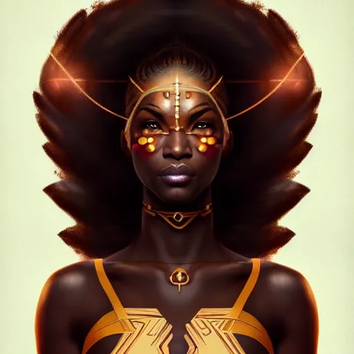 Prompt: female spirit warrior, zoom, rule of thirds, atmosphere, intricate, regal, brown skin, symmetrical!!, loreal, maybelline, sephora, loreal, artstation, art by artgerm, ( ( cinematic ) ), concept art, filmic, vsco