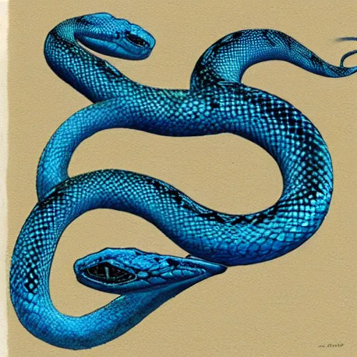 Prompt: “a vicious blue viper snake wrapped around a wonky dagger, blue tint, drawing”