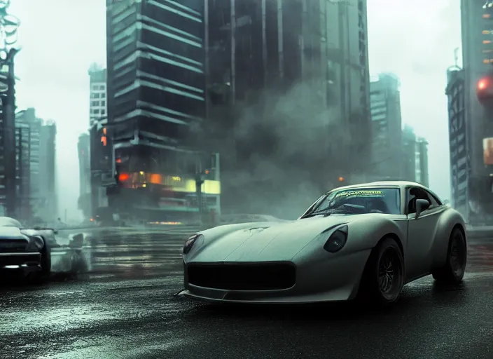 Image similar to hyperrealistic matte painting of need for speed street car in jakarta, action movie. fine details, rain, some people, rtx reflections, jakarta suburbs, paneled buidlings, fog, night, photorealistic, unreal engine, octane render, volumetric light, 4 k, 5 0 mm bokeh, toyota avanza, by greg rutkowski, artstation