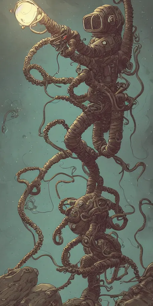 Prompt: eldritch astronaut with tentacle arms, style of james jean and laurie greasley and greg rutkowski, dynamic composition, dramatic lighting, hyper - realistic, ultra detailed, 8 k