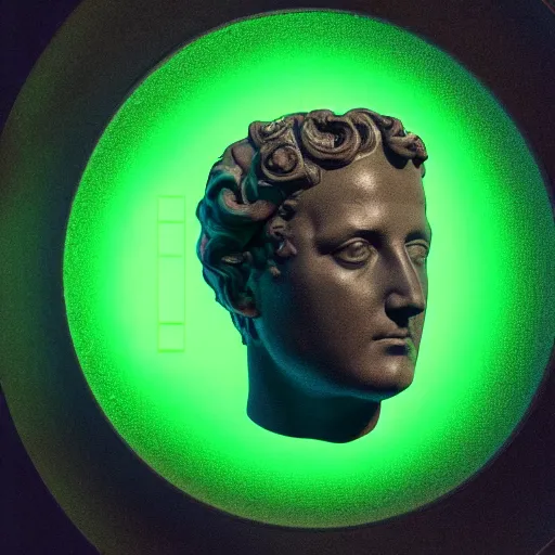 Image similar to a neon circle surrounding the head of a renaissance statue, 3 d render, black background, ray tracing, 8 k resolution, sharp focus, highly detailed, hyper realistic