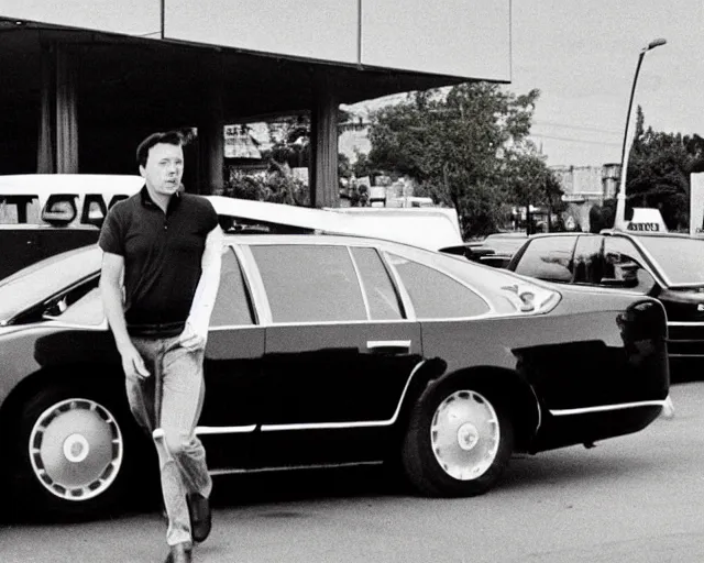 Image similar to elon musk walking in front of a taxi car, in front of a gas station, 1 9 7 0 s photo