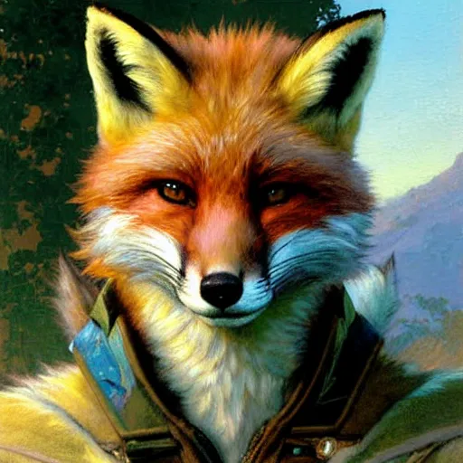 Image similar to a portrait of fox mccloud smiling at the viewer. highly detailed painting by gaston bussiere, craig mullins, j. c. leyendecker, furry