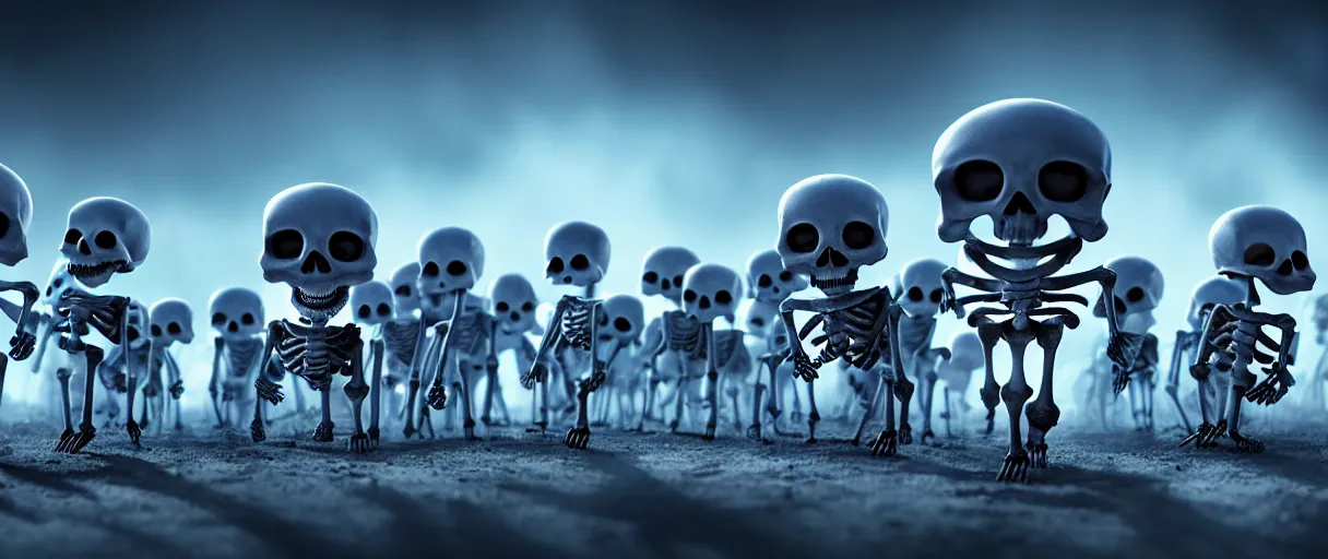 Image similar to hyperrealistic supercute skeleton army ute osterwald jason limon professional concept art dramatic blue lighting wide angle hd 8k sharp shallow depth of field