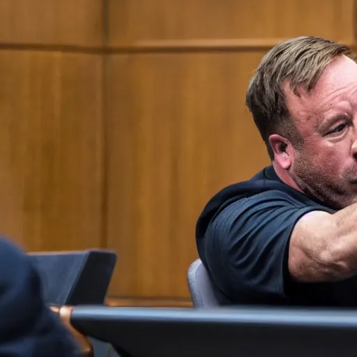 Prompt: Alex Jones desperately reaching for his out of reach phone in the courtroom, [EOS 5DS R, ISO100, f/8, 1/125, 84mm, RAW, sharpen, unblur]